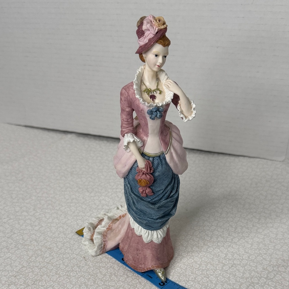 victorian lady, figuring home accent decor ceramic 9”tall dress in pink and blue
